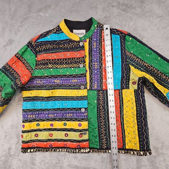 Chico's Jacket Women's 2 Multicolor Embroidered Sequined Art-to-Wear Button - Picture 10 of 12